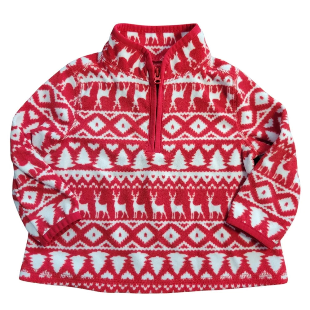 OshKosh B'gosh Fleece Half-zip Christmas Jacket Reindeer Trees Hearts Girl's 12m
